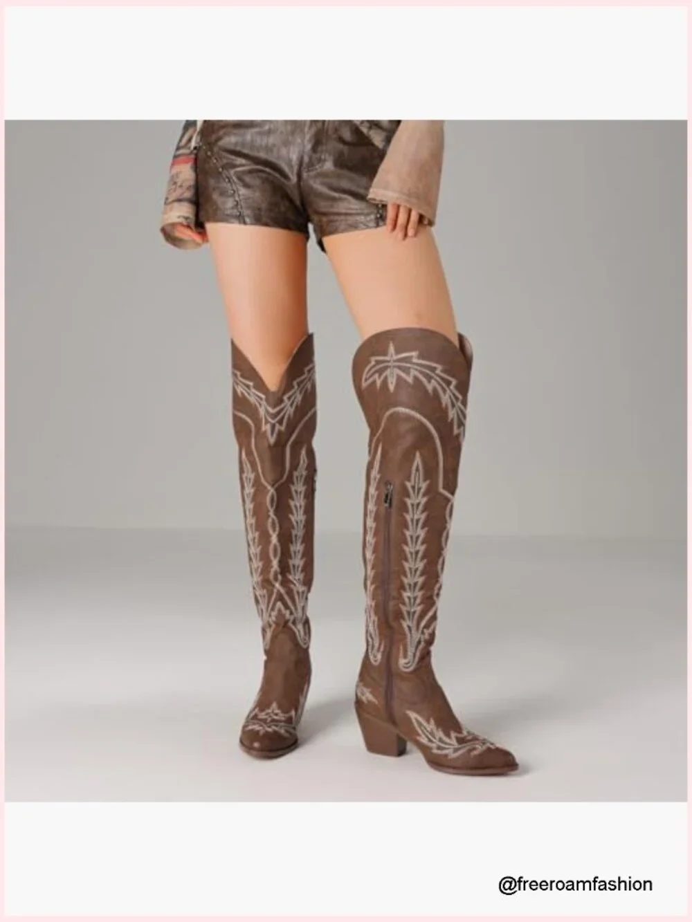 Thigh High Cowboy Boots Embroidered Knee High Chunky Heel Side Zip